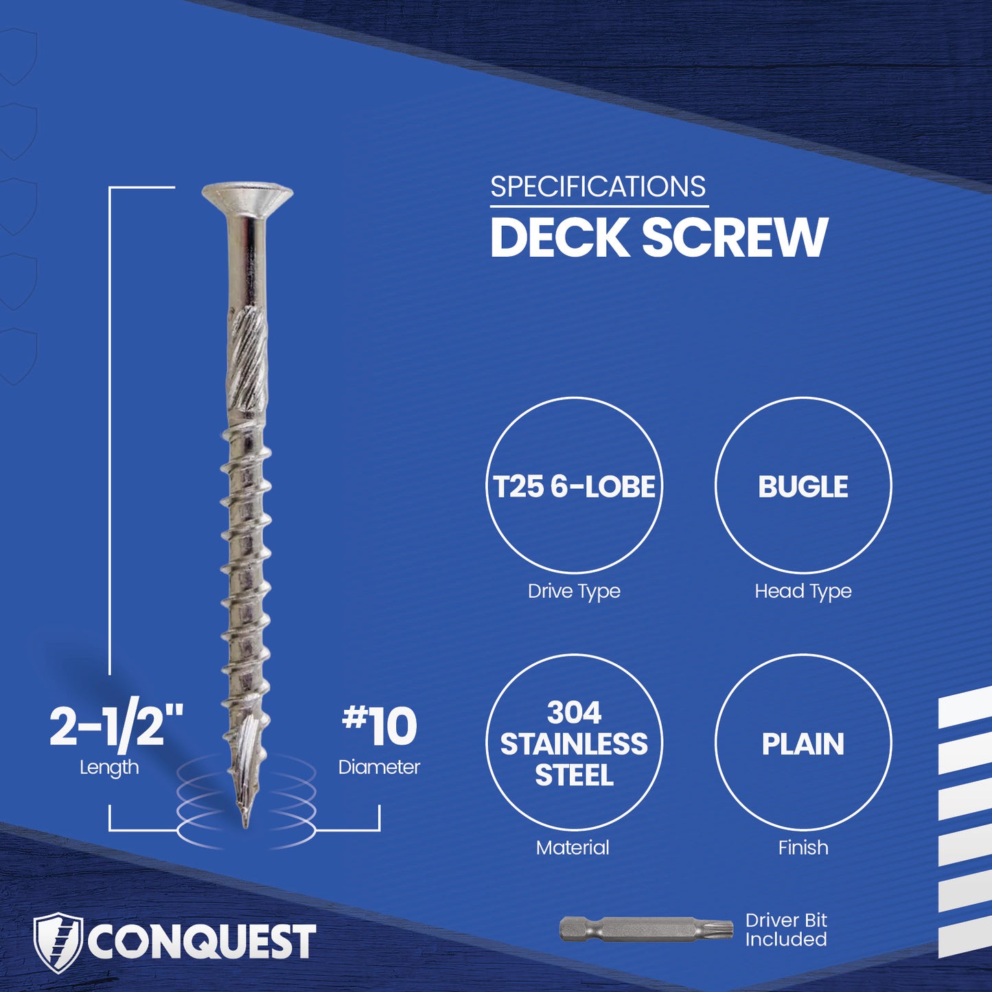 Deck screw with specifications on a blue background
