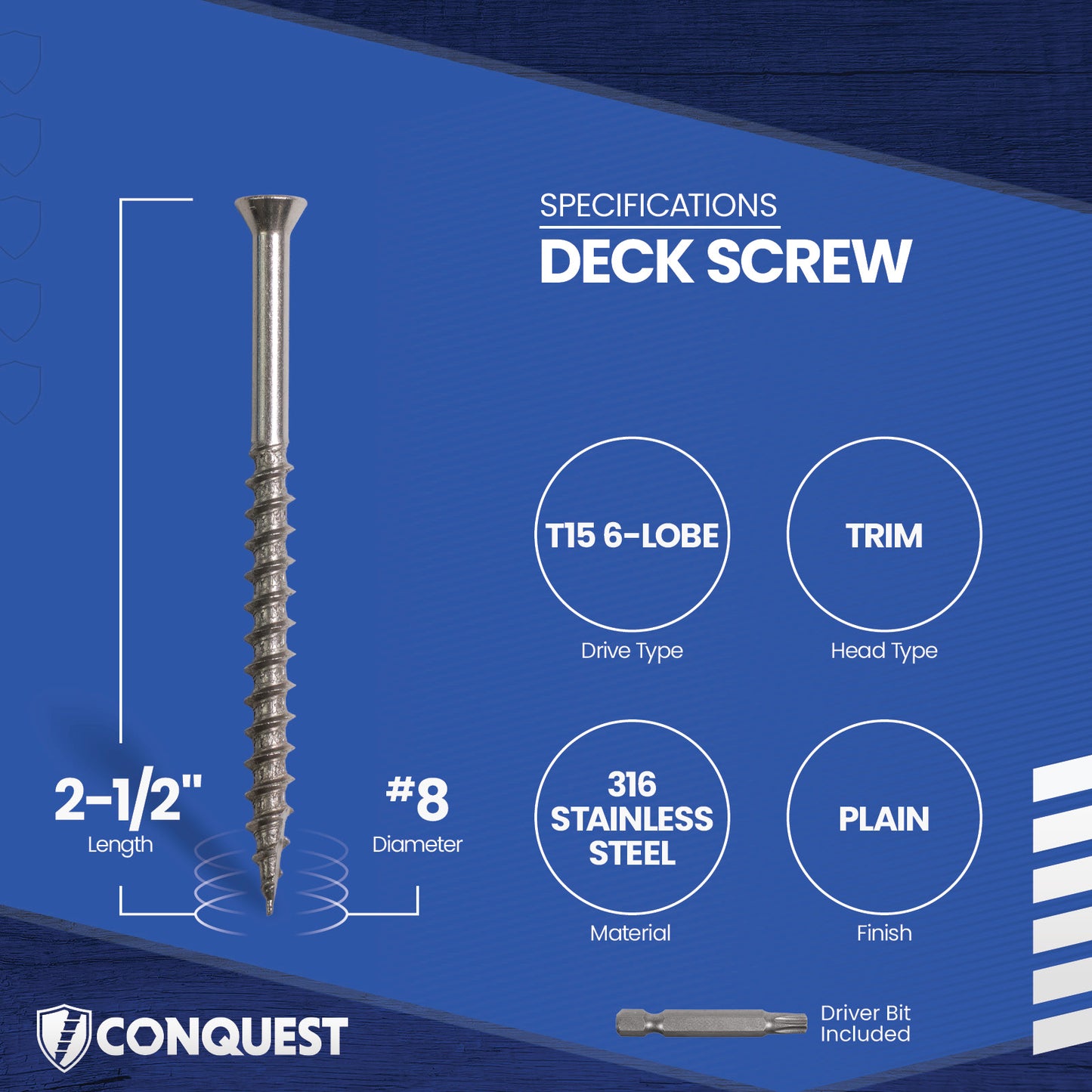 #8 x 2-1/2" Conquest T15 Trim Head Deck Screws - 316 Stainless Steel, Pkg. 350