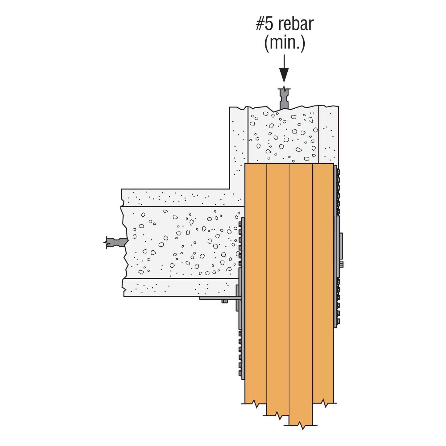 Diagram showing concrete wall with wooden panel and rebar installation.