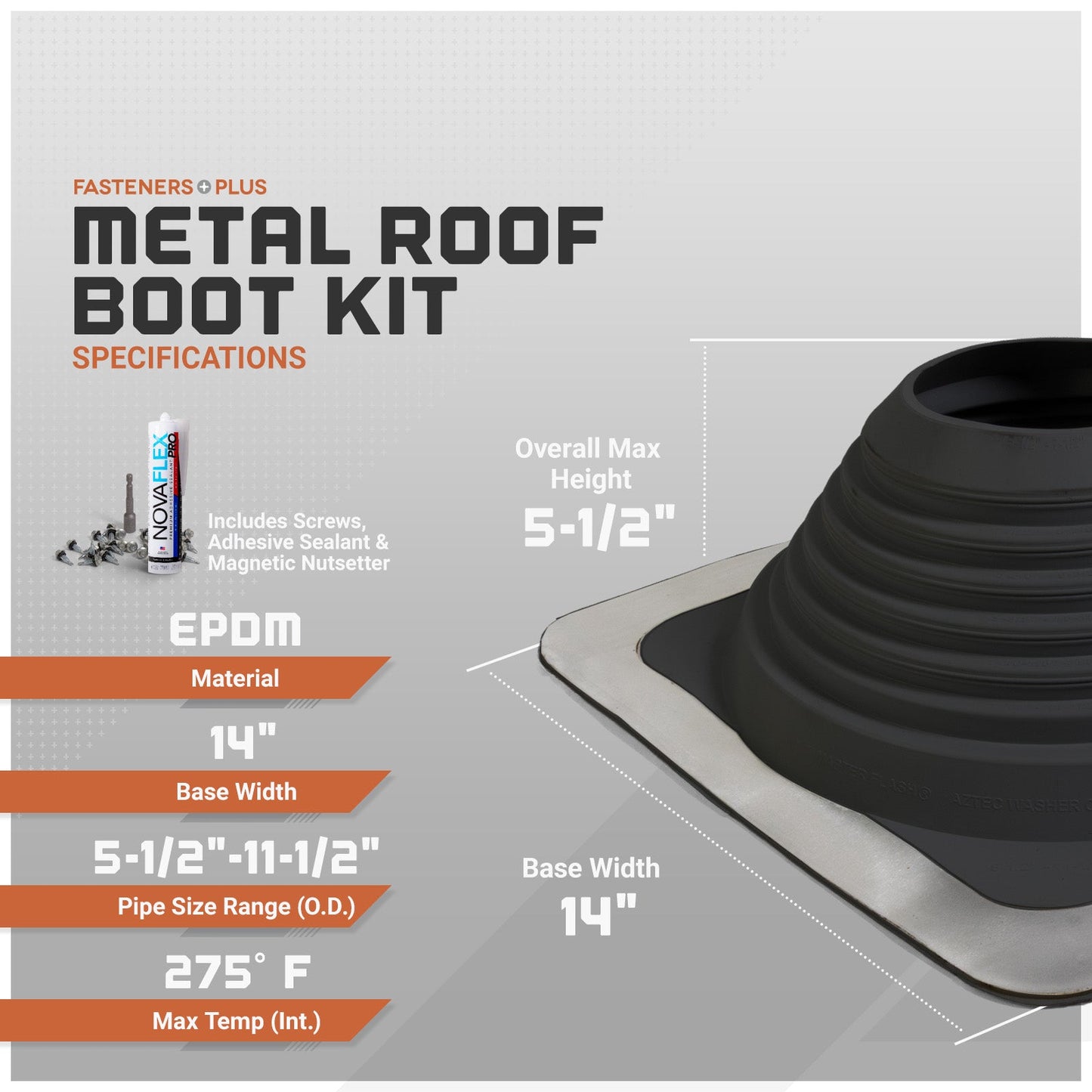 Metal roof boot kit with specifications on a gray background