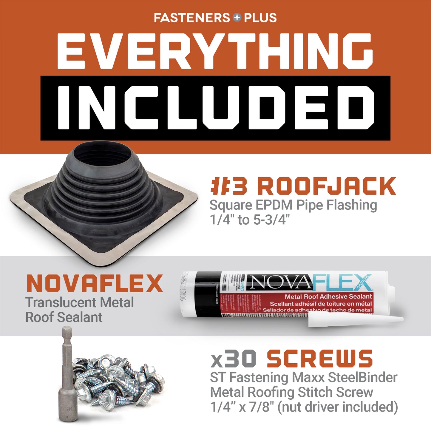 #3 Square EPDM Metal Roof Pipe Boot w/Install Kit, Black