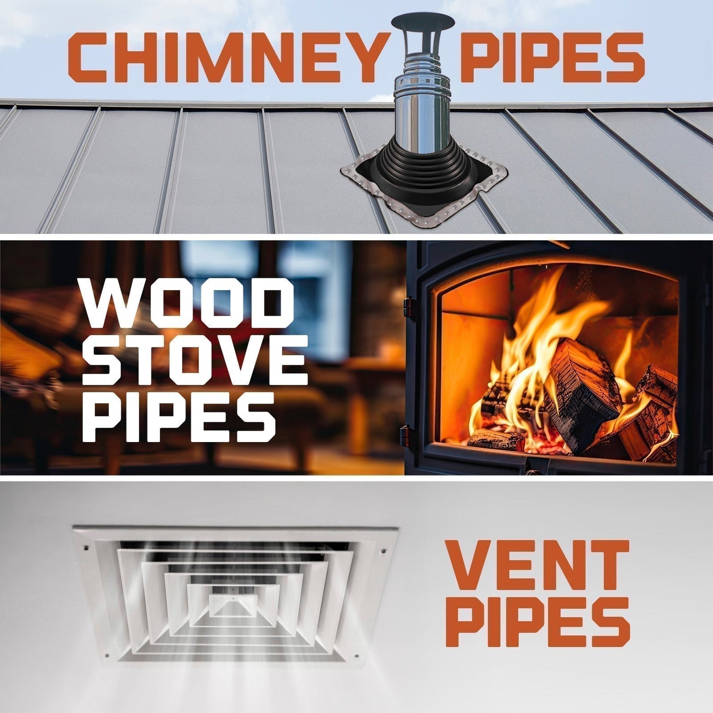 Applications - Chimney pipes, wood stove pipes, vent pipes