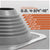 A gray metal roof boot with a flange and a measurement guide overlay showing pipe size conversions from outer diameter