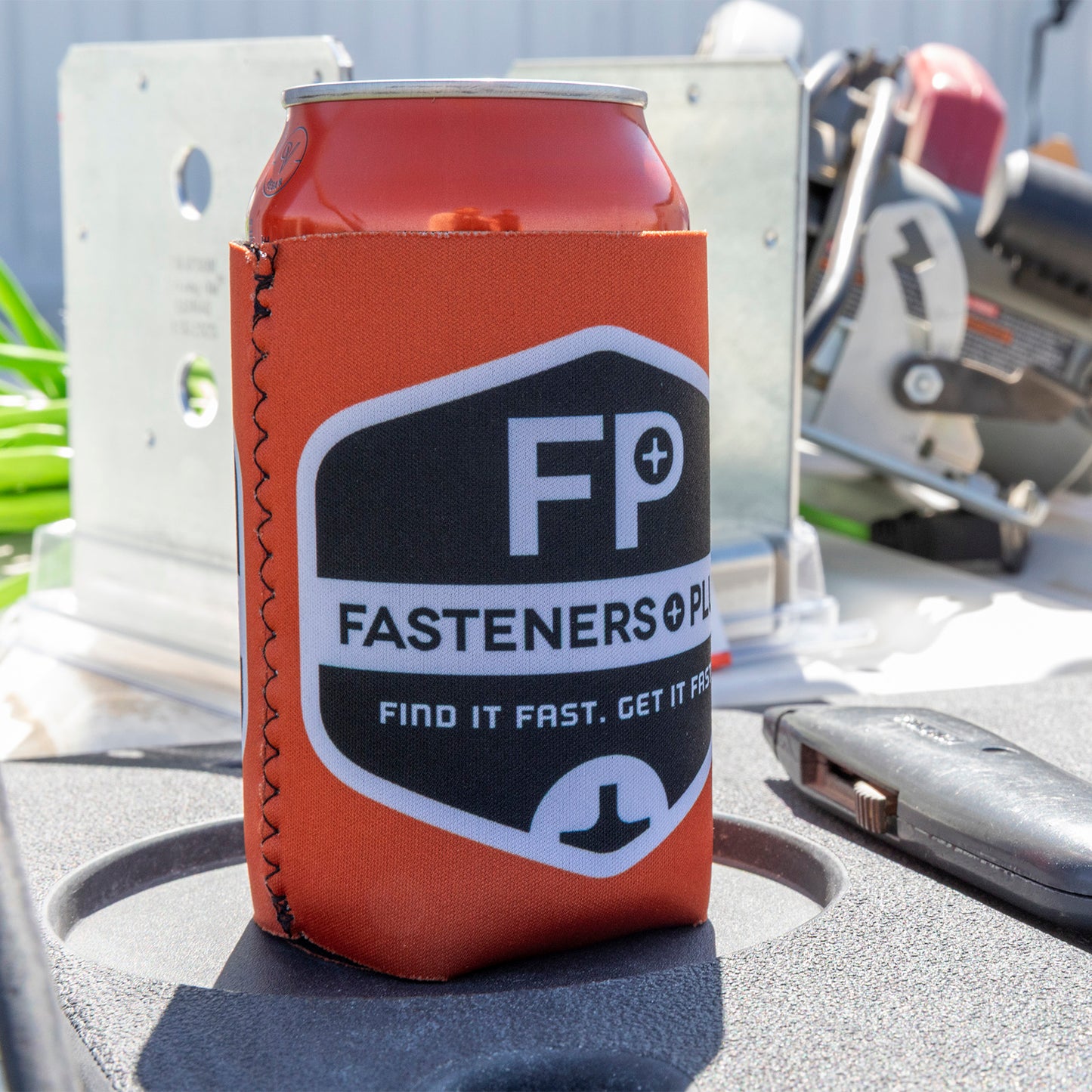 Fasteners Plus Collapsible Can Cooler - Orange w/Black & White Imprint