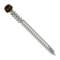 Metal screw with a brown head on a white background