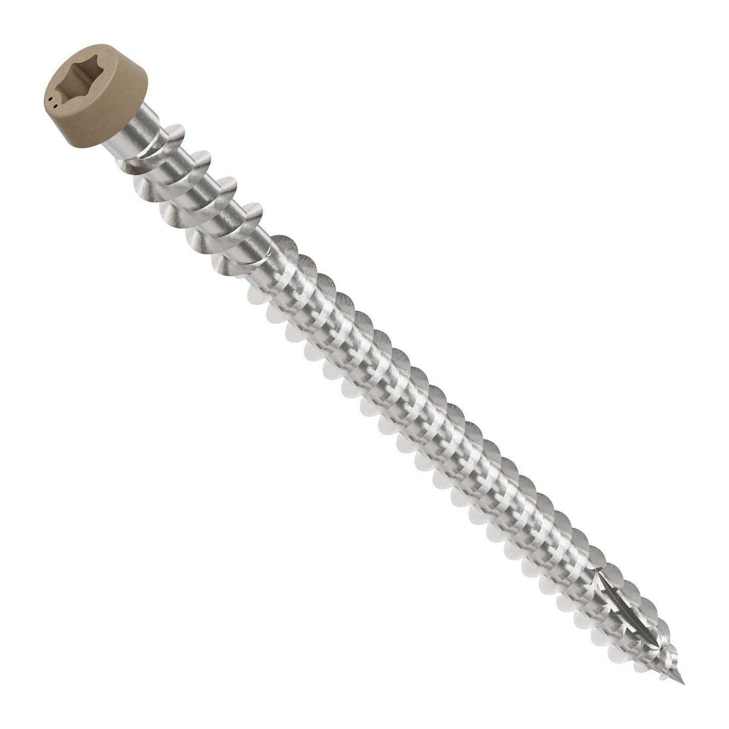 Metal screw with a tan head on a white background