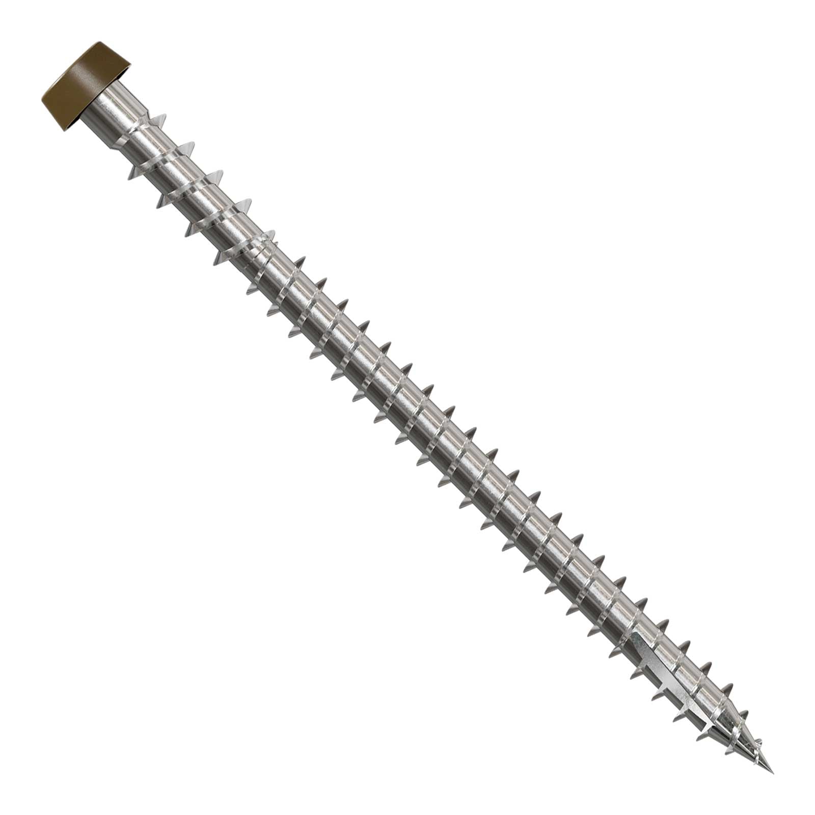 Metal screw with a brown head on a white background