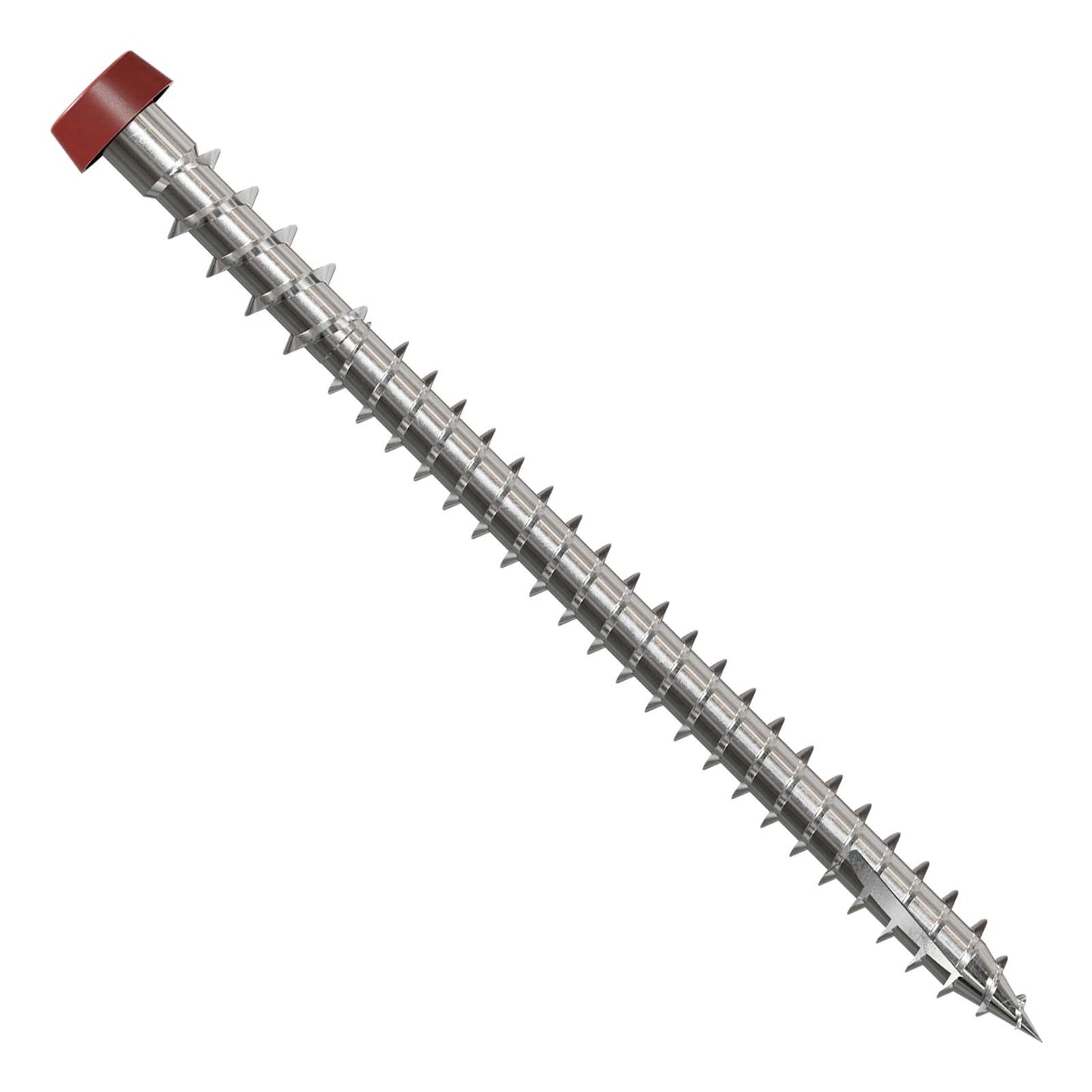 Metal screw with a red head on a white background