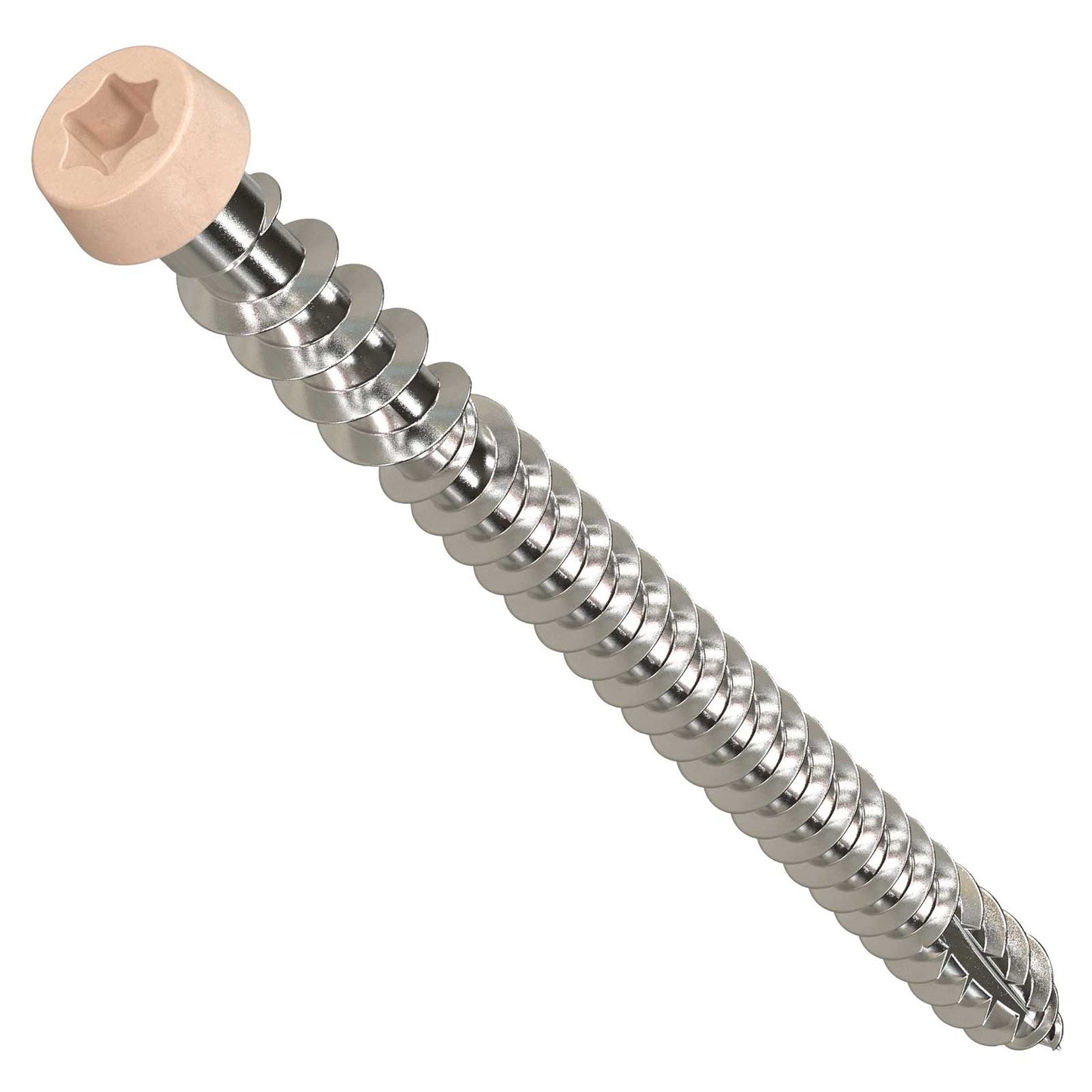 Metal screw with a tan head on a white background