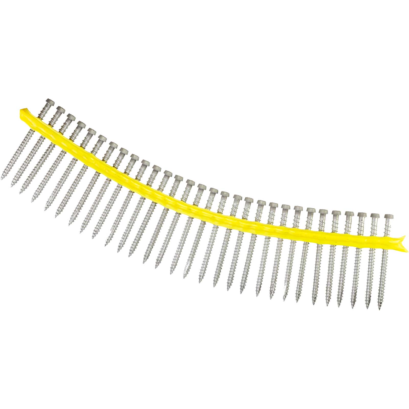 collated row of nails with a yellow strip on a white background