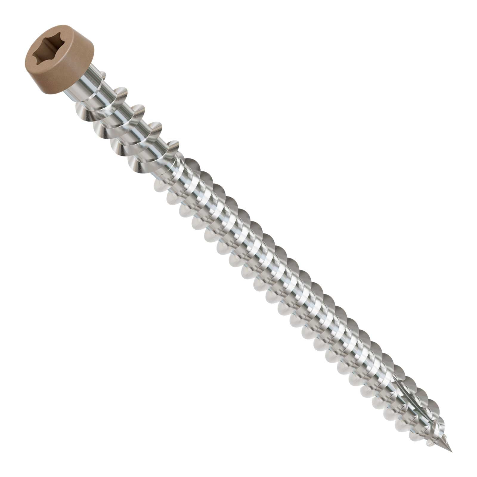 Metal screw with a tan head on a white background