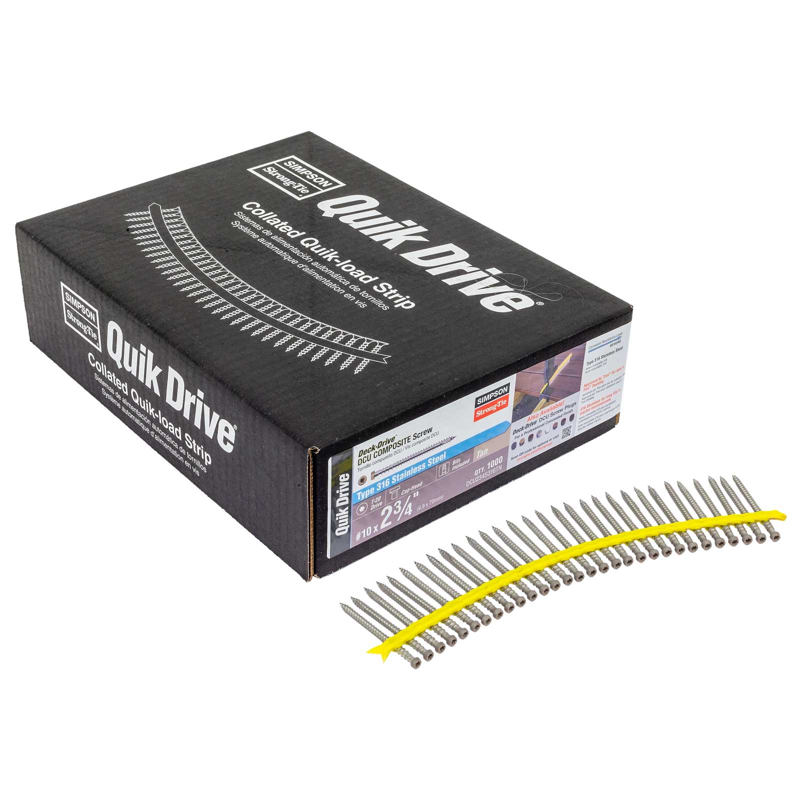 Box of Quik Drive nails with a strip of nails on a white background