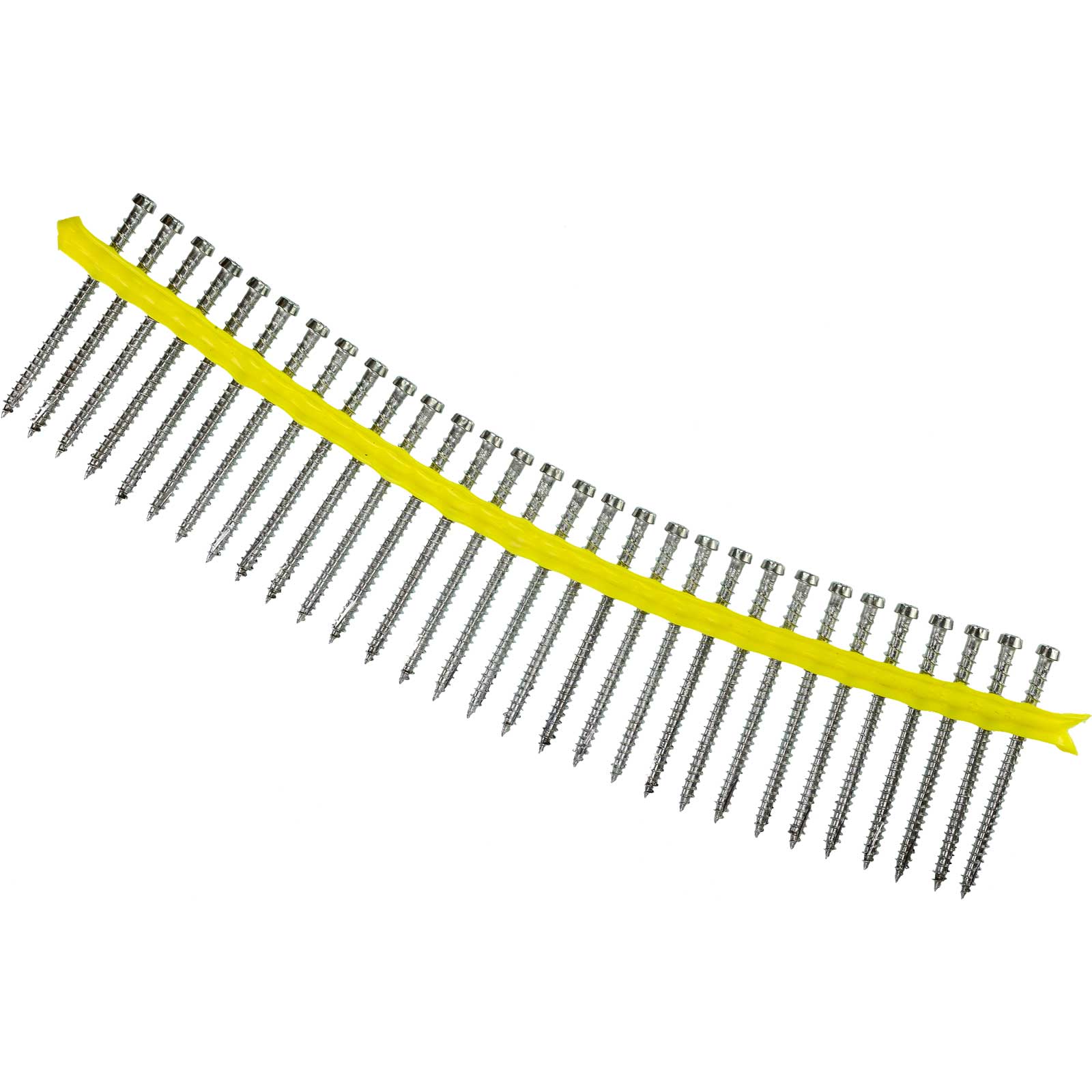 collated row of nails with a yellow line on a white background