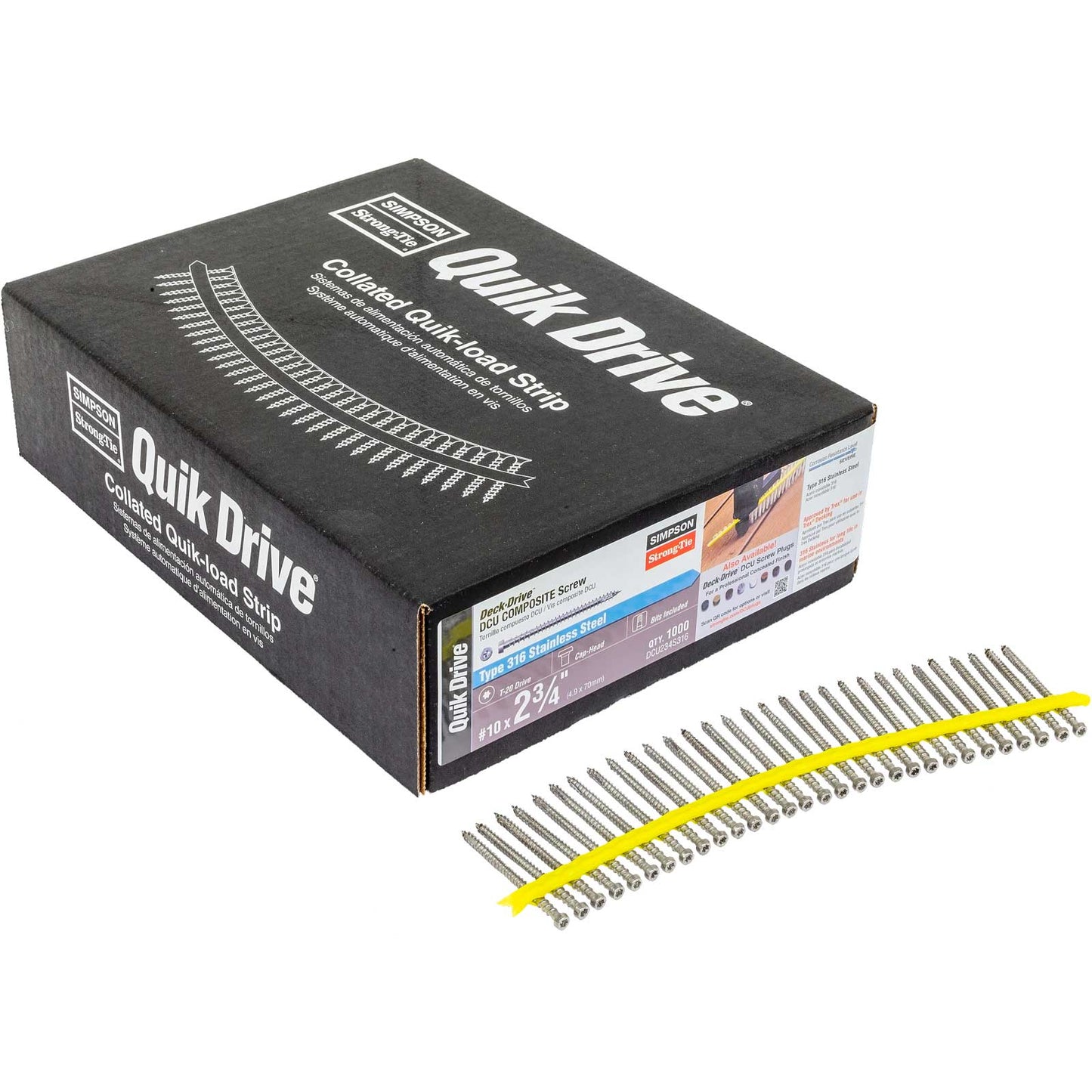 Box of Quik Drive screws with a strip of screws on a white background