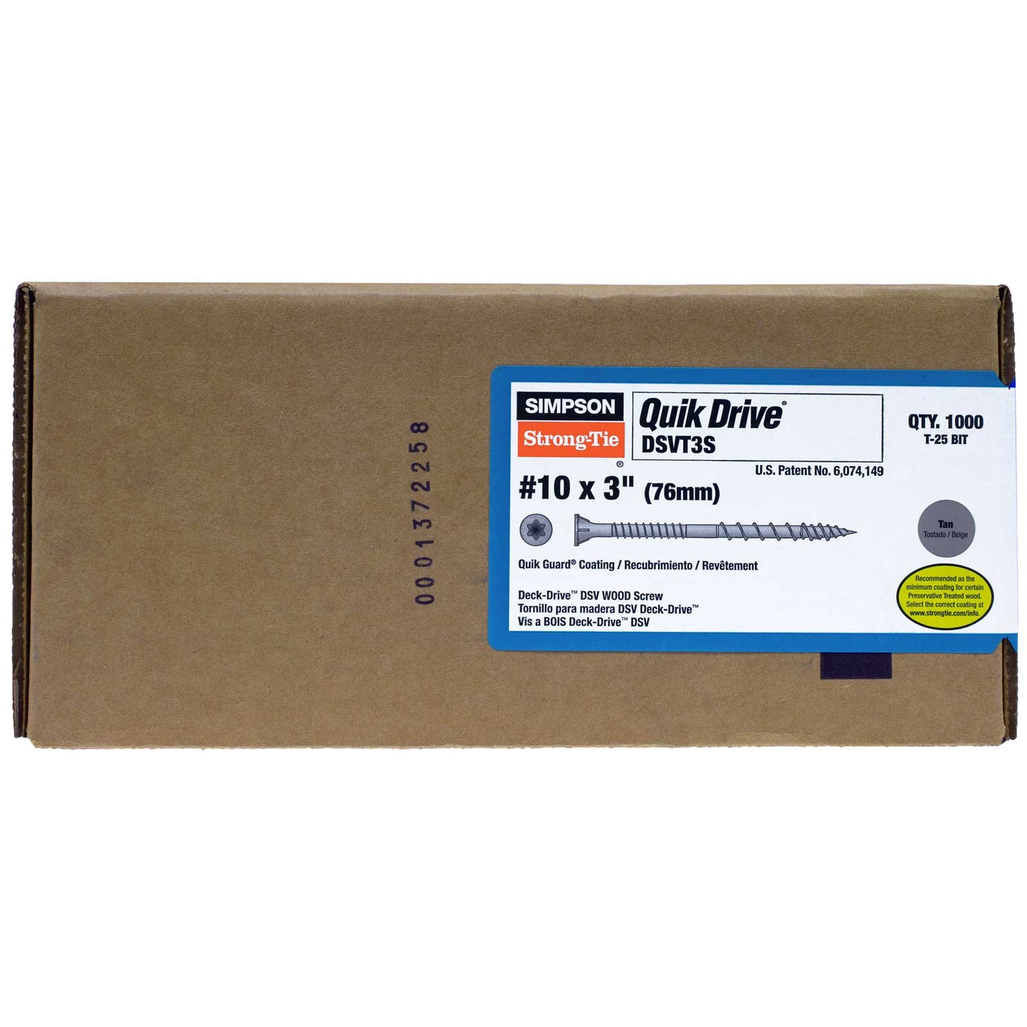 #10 x 3" Quik Drive DSV Tan Wood Collated Screws, Pkg 1000