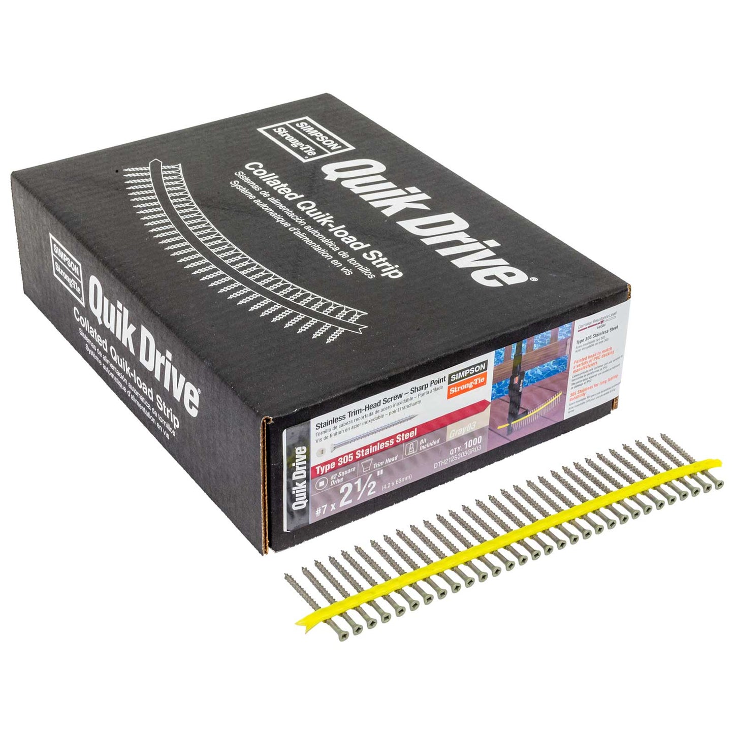 Box of Quik Drive nails with a strip of nails on a white background