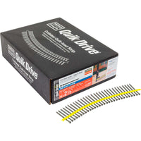 Box of Quik Drive nails with a strip of nails in front on a white background