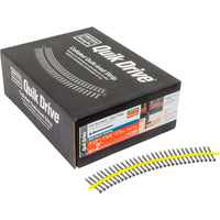 Box of Quik Drive nails with a strip of nails in front on a white background