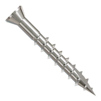 Metal screw with a threaded shaft and spiked head on a white background