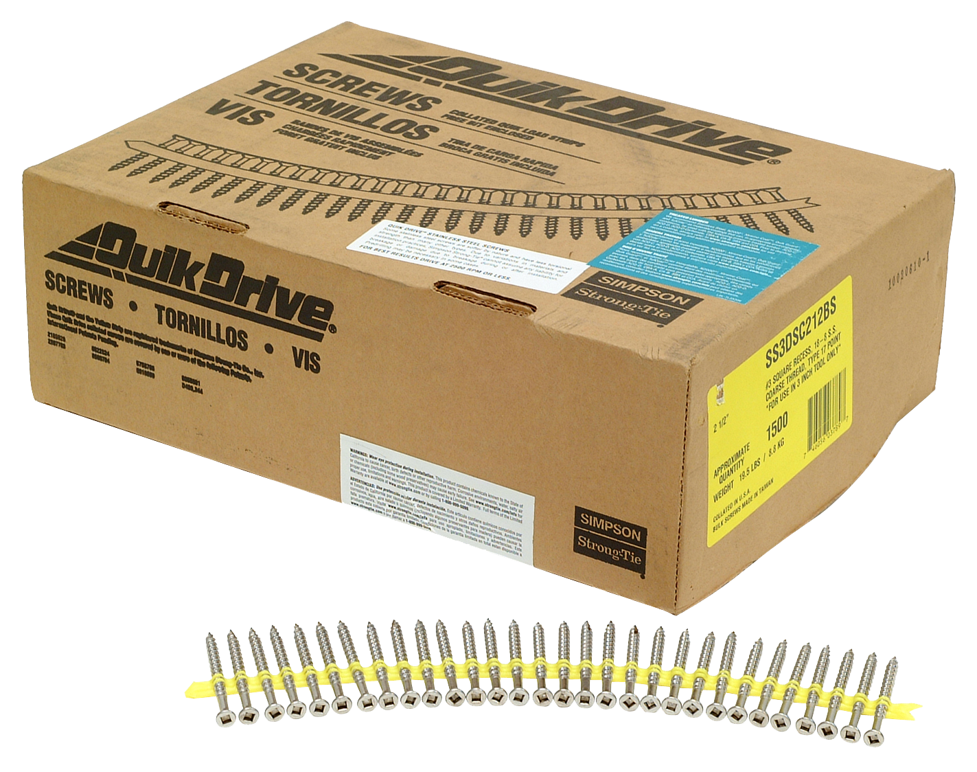 #10 x 2-1/2" Quik Drive SS3DSC Bugle-Head Wood Decking Collated Screws, 305 Stainless, Pkg 1500