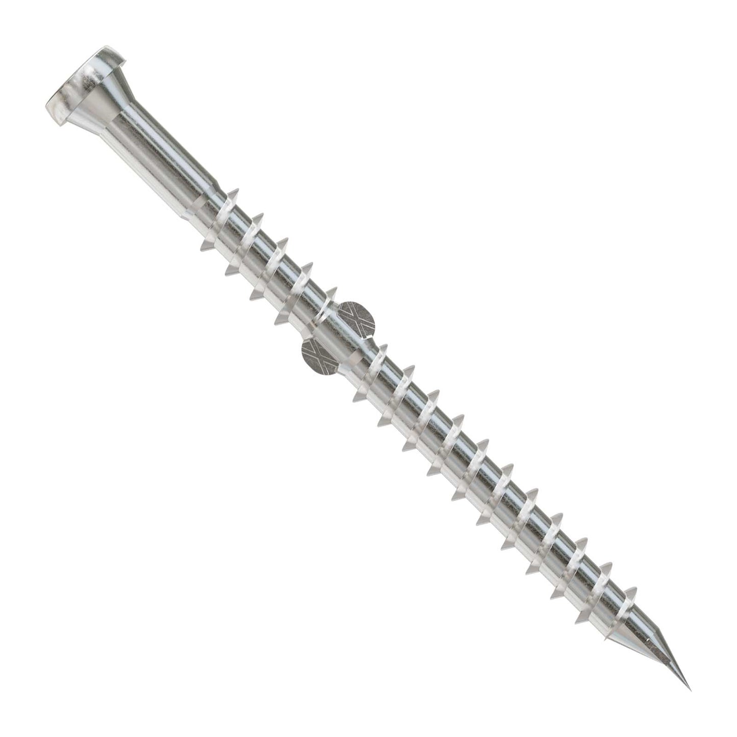 Metal screw with threading on a white background