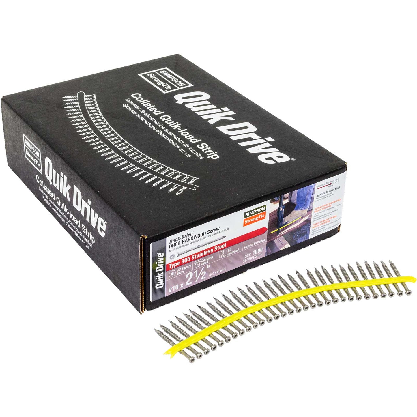 Box of Quik Drive screws with screws displayed in front on a white background