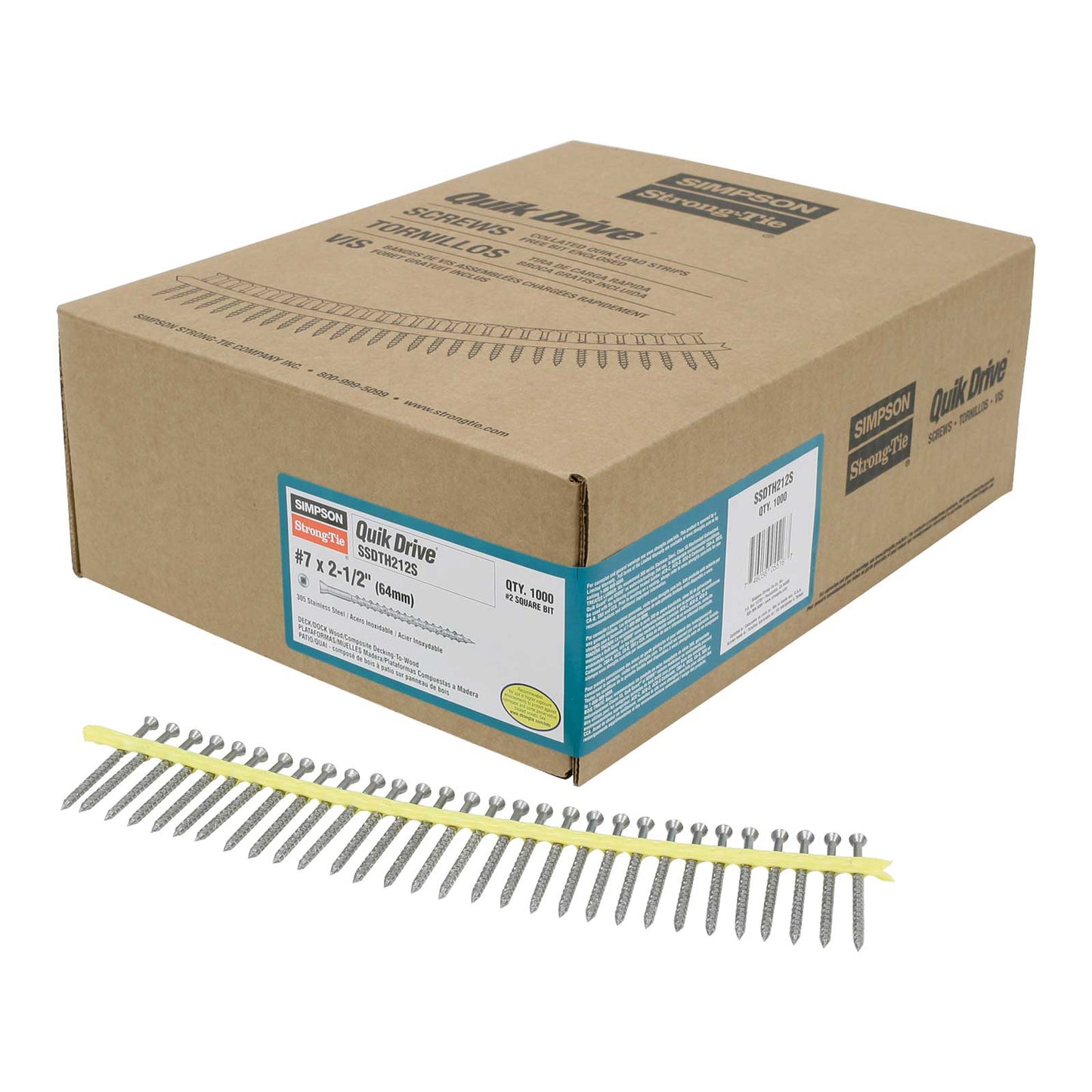 Box of Simpson Strong-Tie Quik Drive nails with a sample of nails on a white background