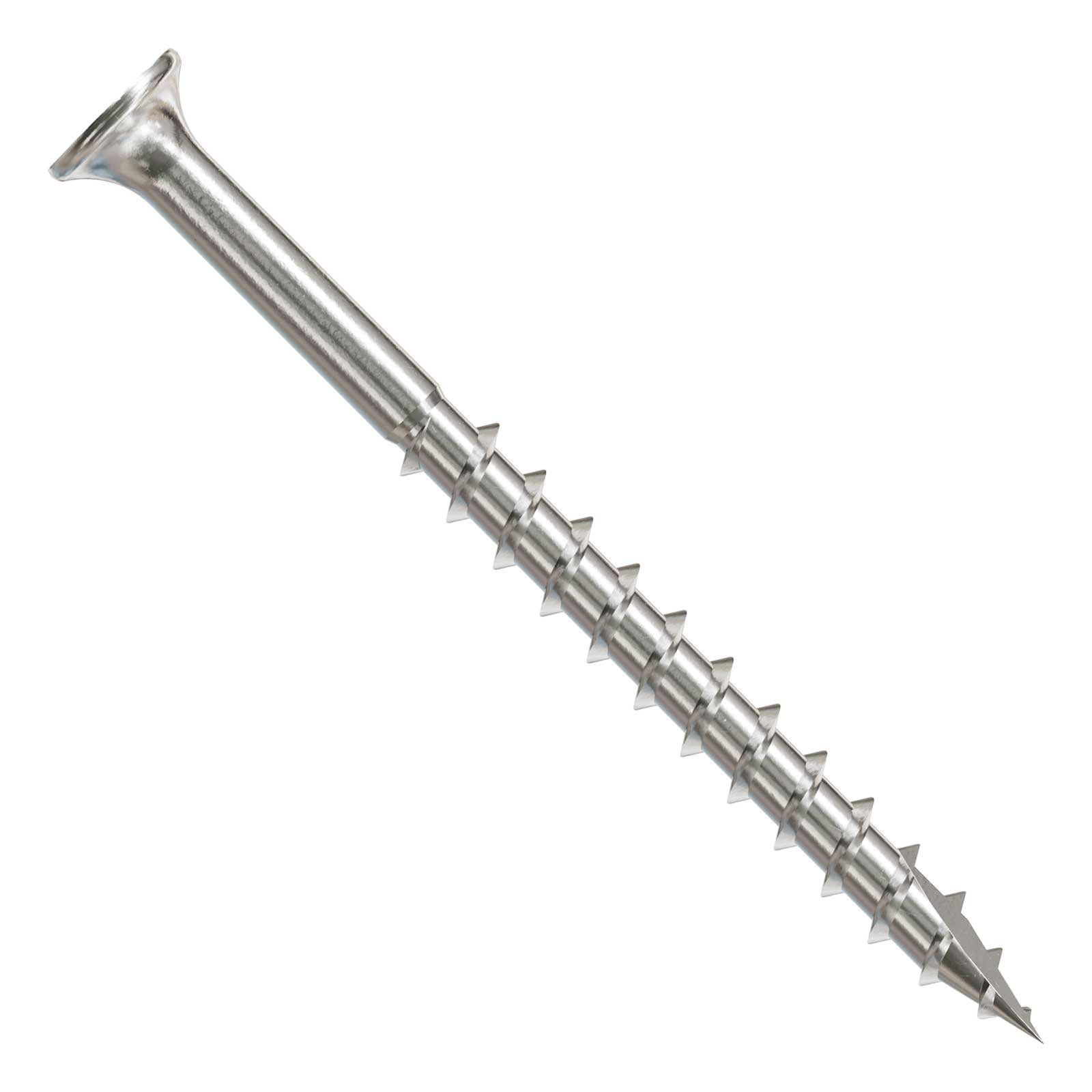 Metal screw with threading on a white background