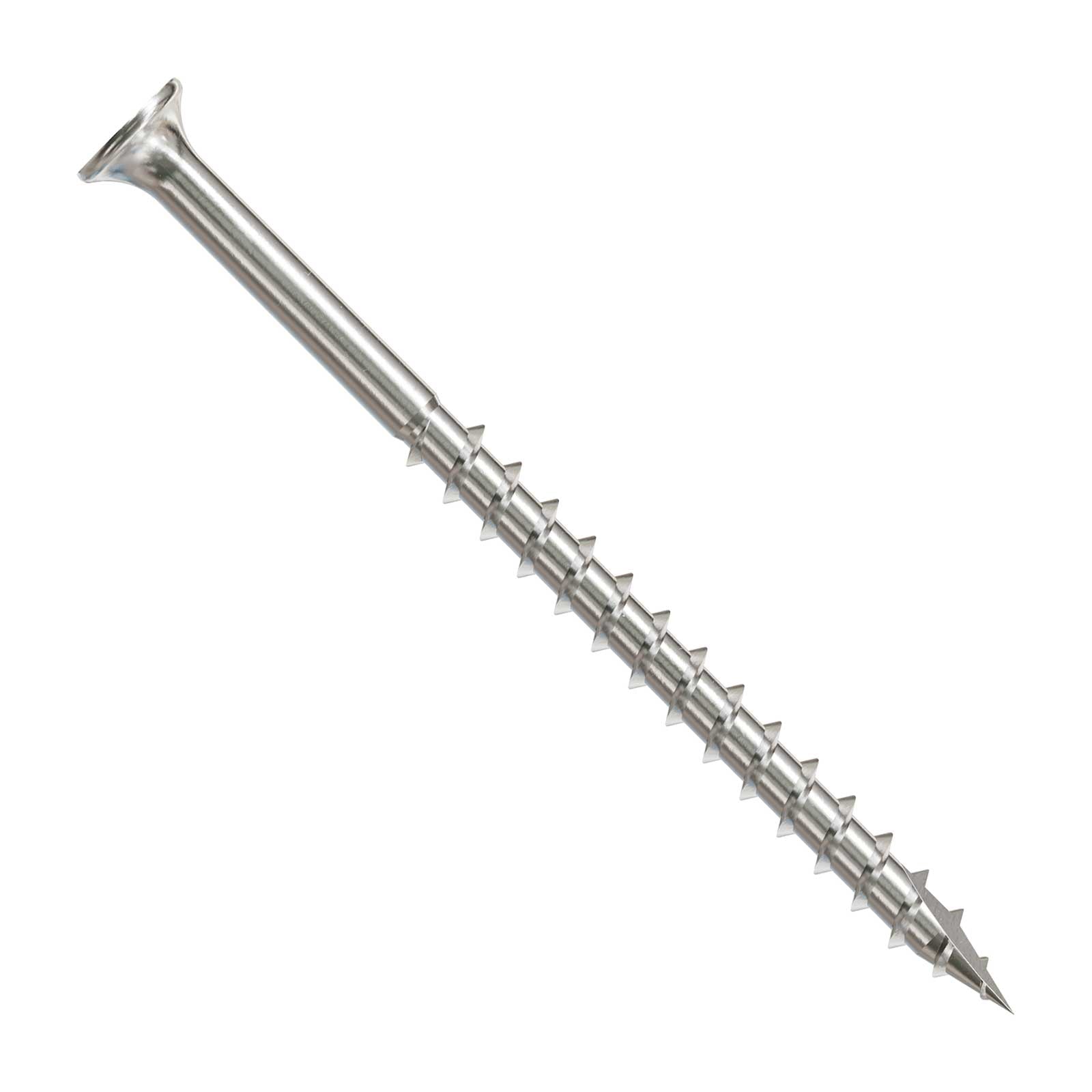 Metal screw with threading on a white background