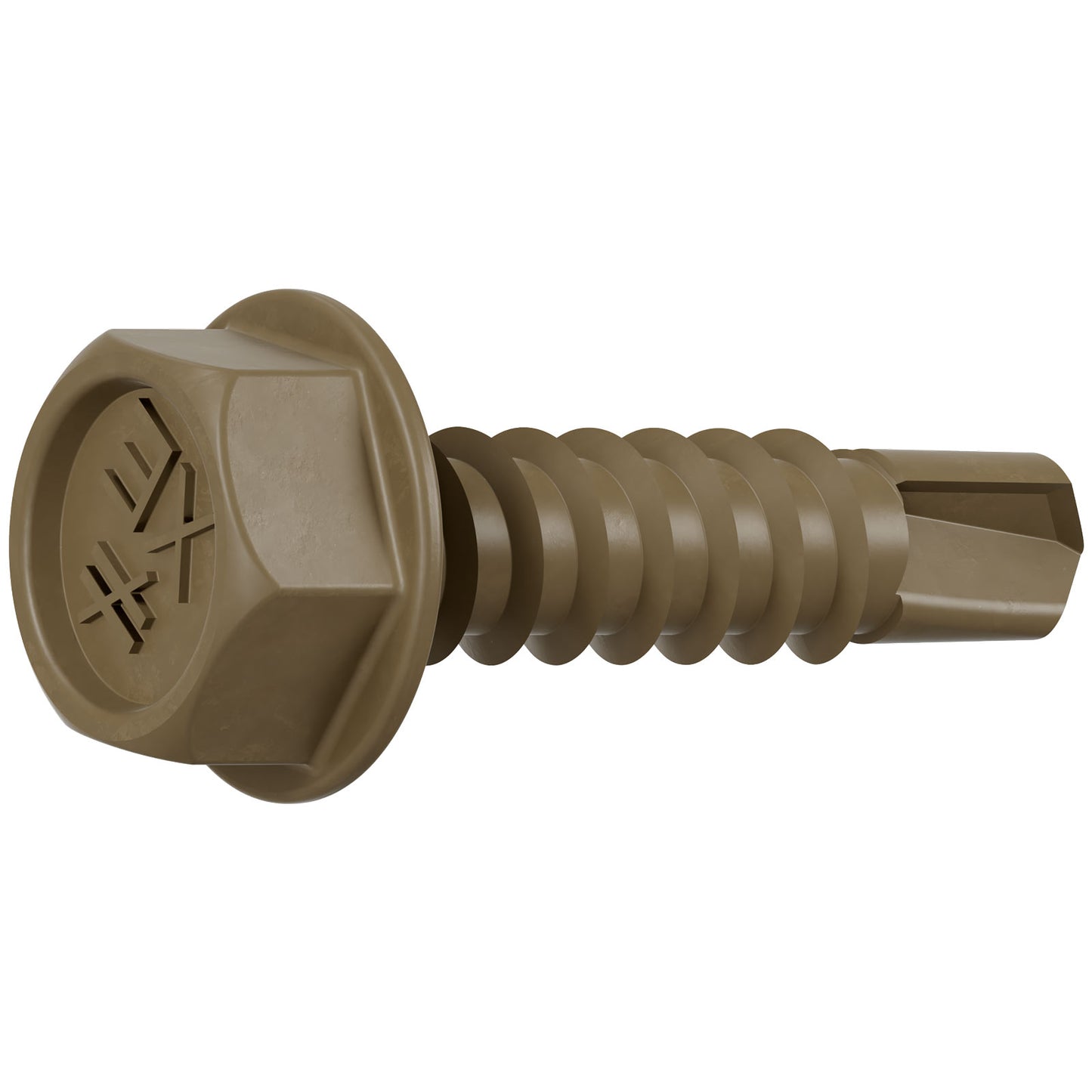 Brown screw with hex head on a white background