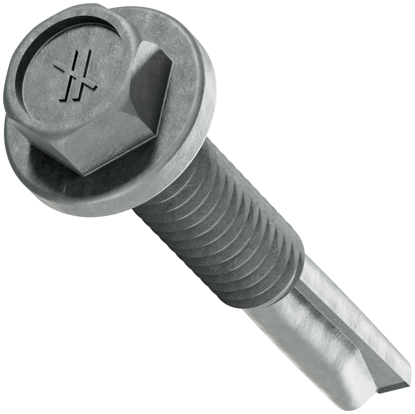 Metal screw with a hex head on a white background