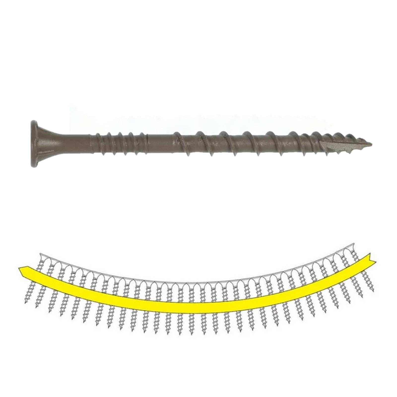 An image showing a tan wood screw with a ribbed flat head and under-head nibs, along with a diagram illustrating the screw's thread design.