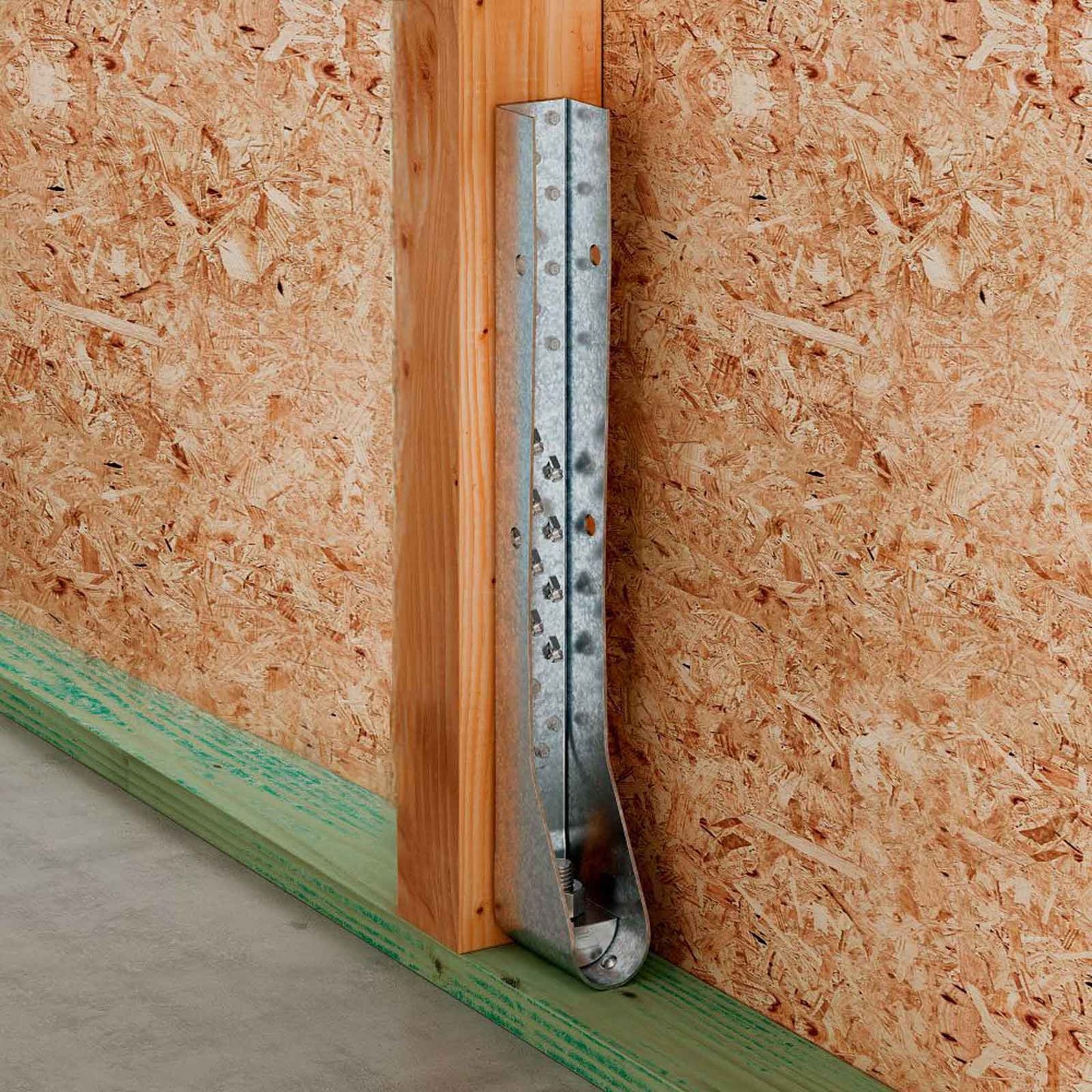 holdown installed in wooden frame with OSB