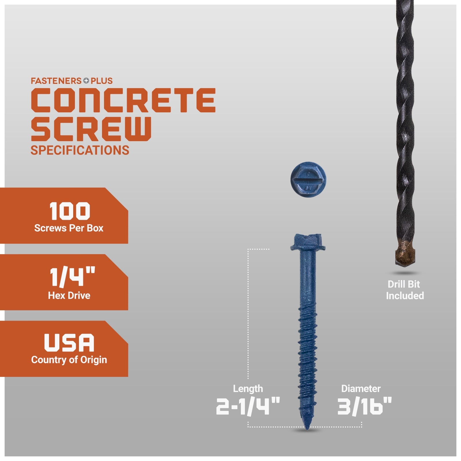 3/16" x 2-1/4" Tapcon Blue Concrete Screw, Hex Head - Individual Dimensions
