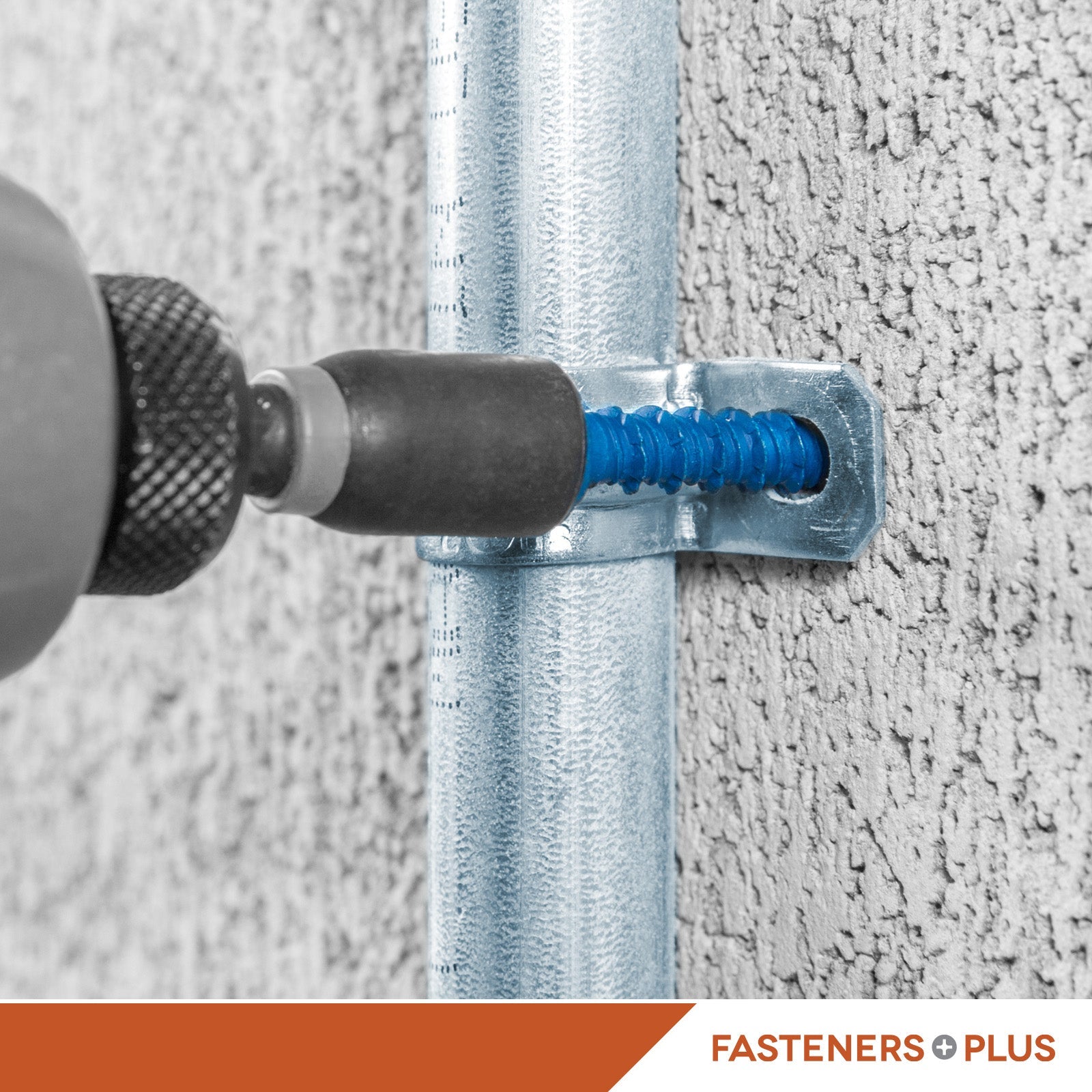 Drill bit being used to secure a metal bracket on a concrete wall, with 'Fasteners Plus' branding.