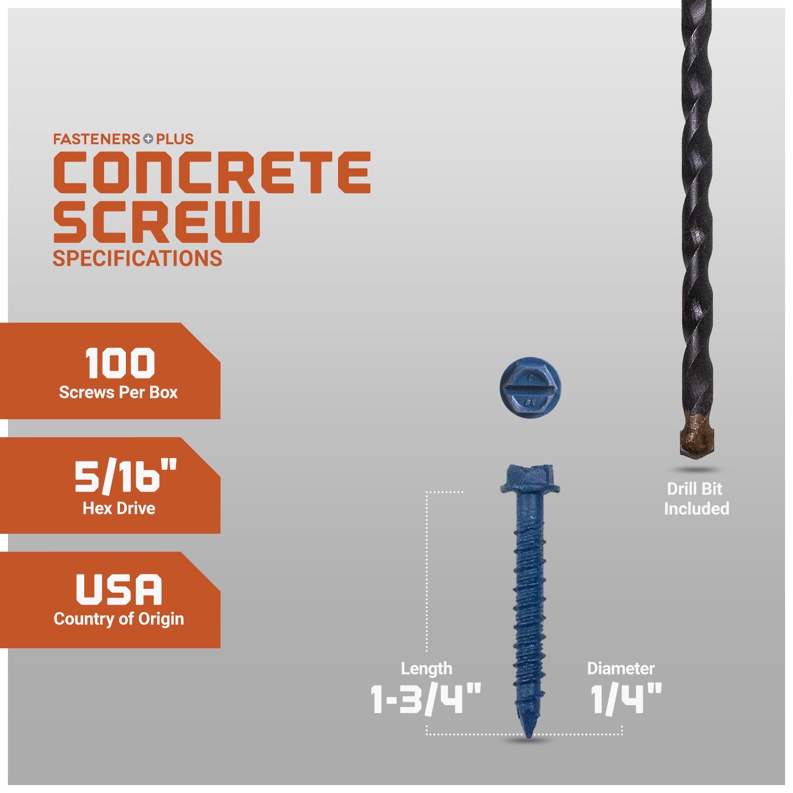 1/4" x 1-3/4" Tapcon Blue Concrete Screw, Hex Head - Individual Dimensions
