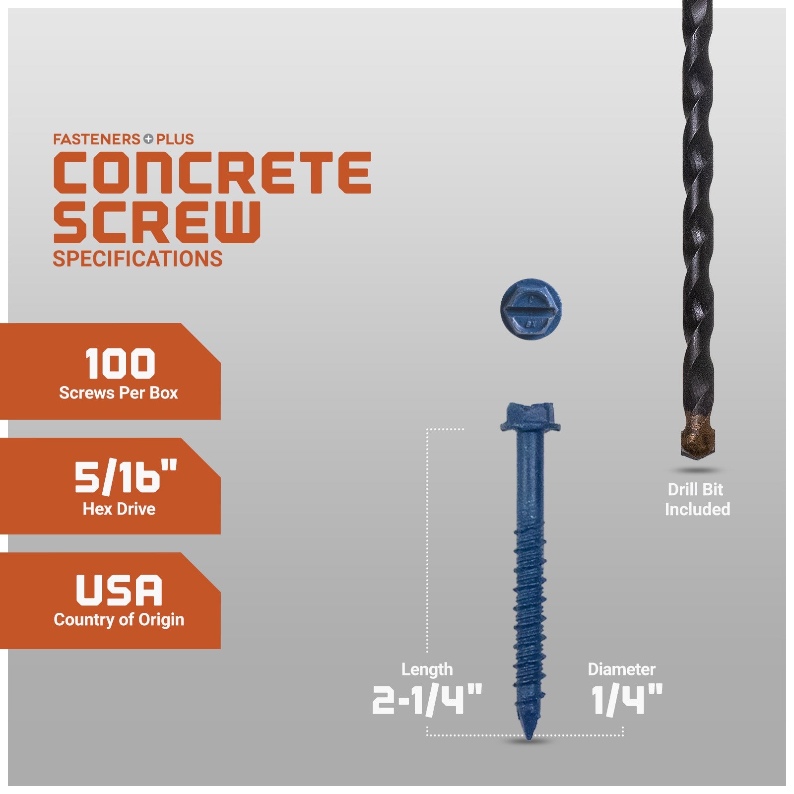 1/4" x 2-1/4" Tapcon Blue Concrete Screw, Hex Head - Individual Dimensions