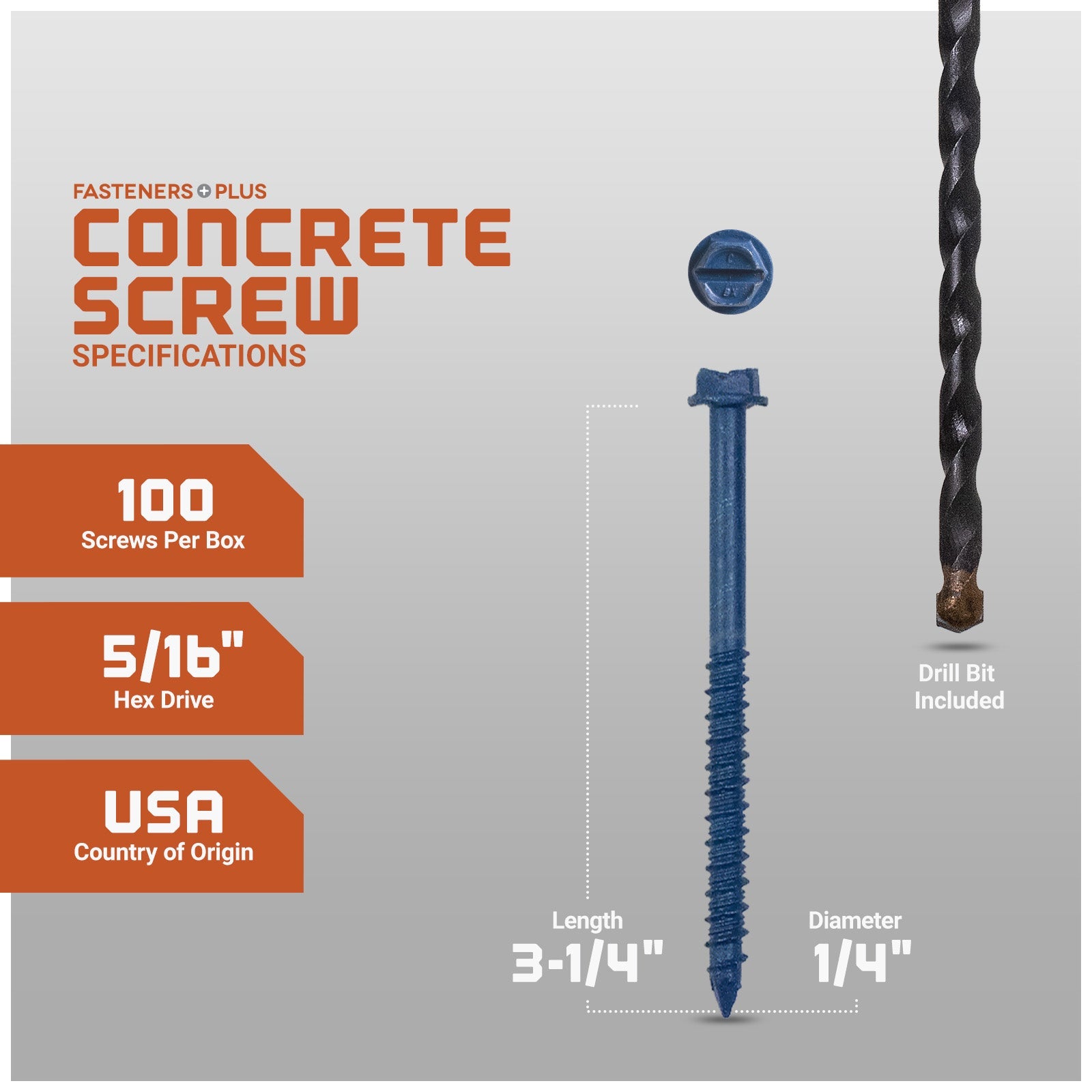 1/4" x 3-1/4" Tapcon Blue Concrete Screw, Hex Head - Individual Dimensions