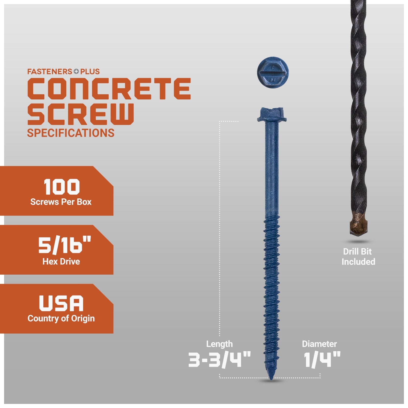 1/4" x 3-3/4" Tapcon Blue Concrete Screw, Hex Head - Individual Dimensions