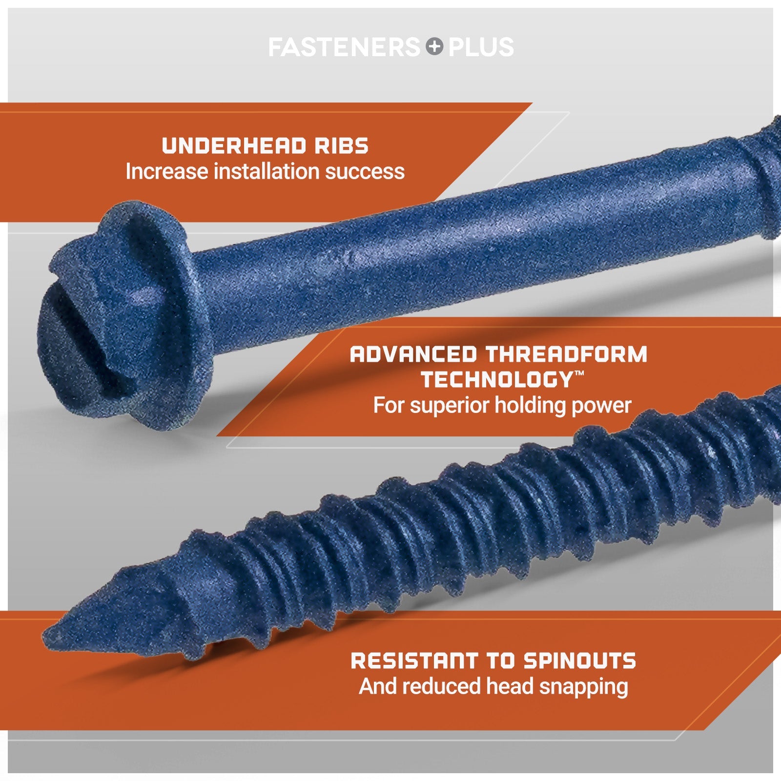 Features: underhead ribs, advanced threadform technology, resistant to spinouts