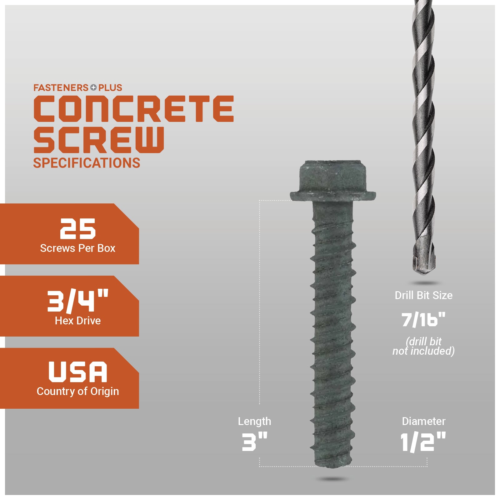 1/2" x 3" LDT Tapcon Screw, Zinc, Pkg 25 Spec
