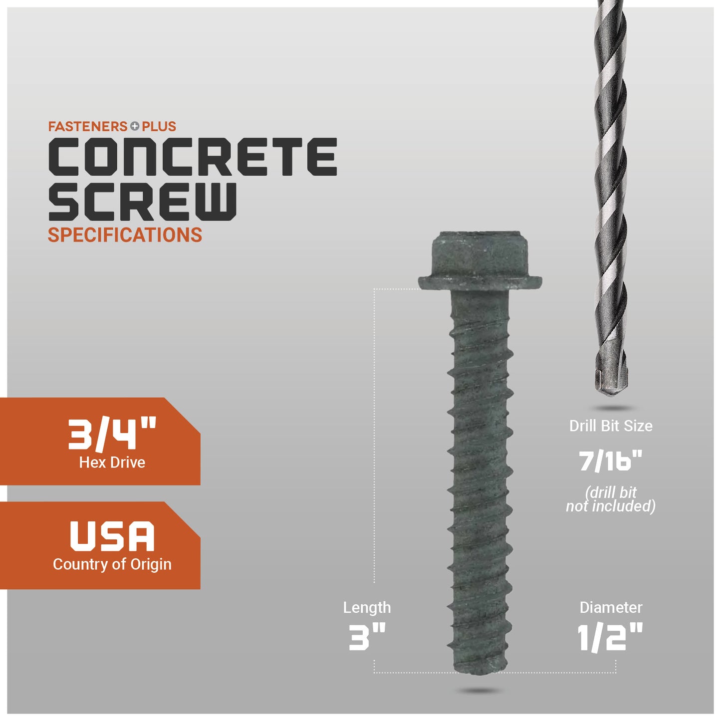 1/2" x 3" LDT Tapcon Screw, Zinc, Pkg 25 Spec