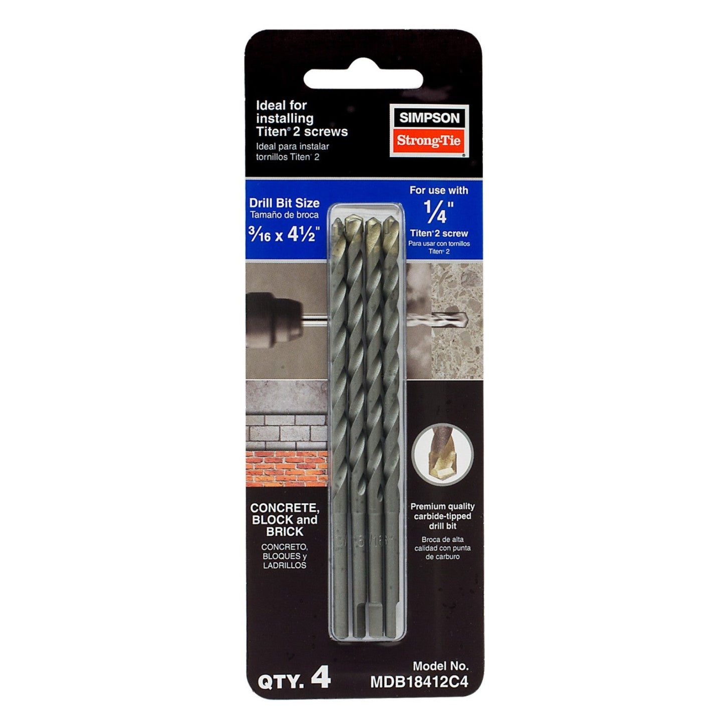 3/16" x 4-1/2" Simpson Titen Turbo Screw Anchor Masonry Drill Bit, Pkg 4