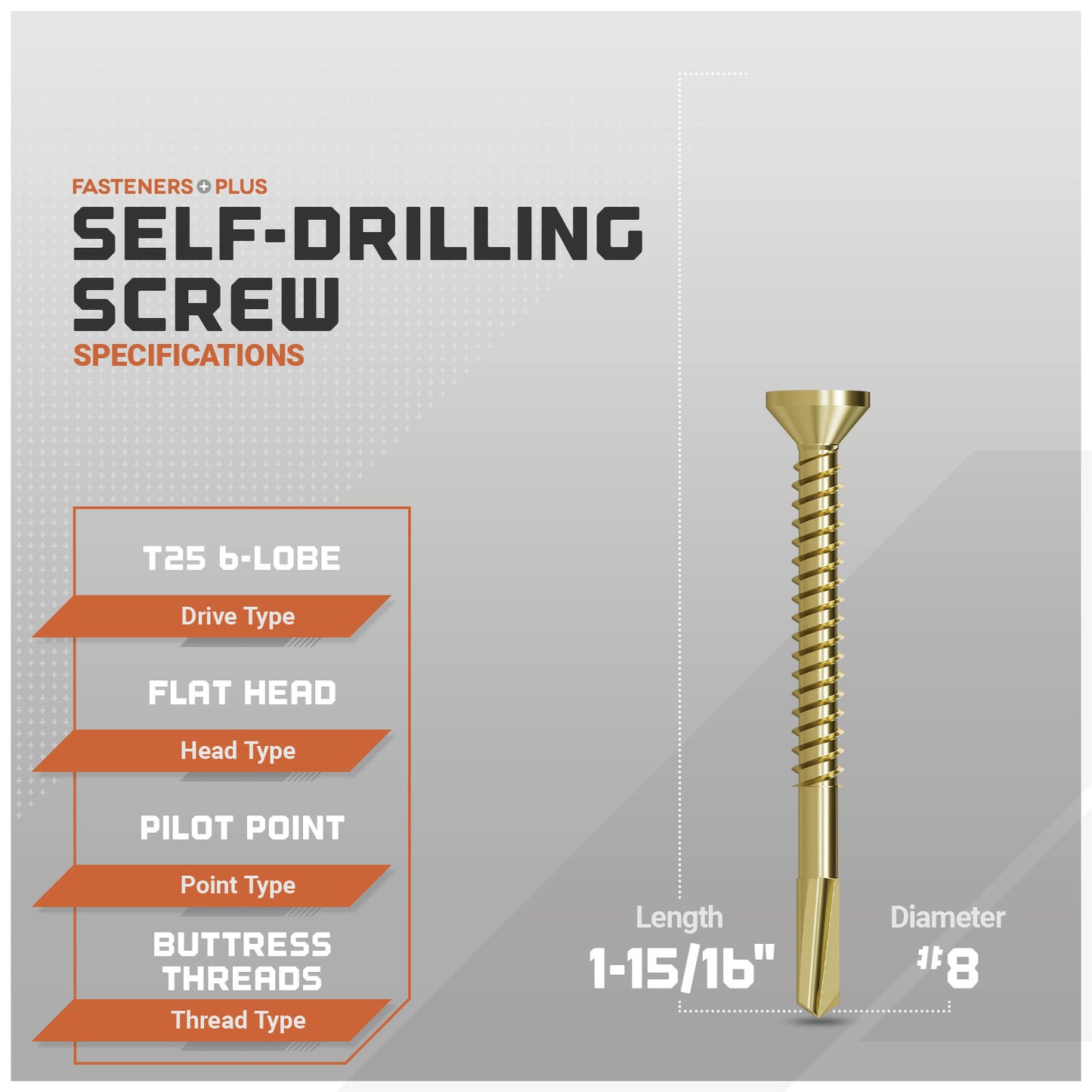 Gold self-drilling screw with specifications on a gray background