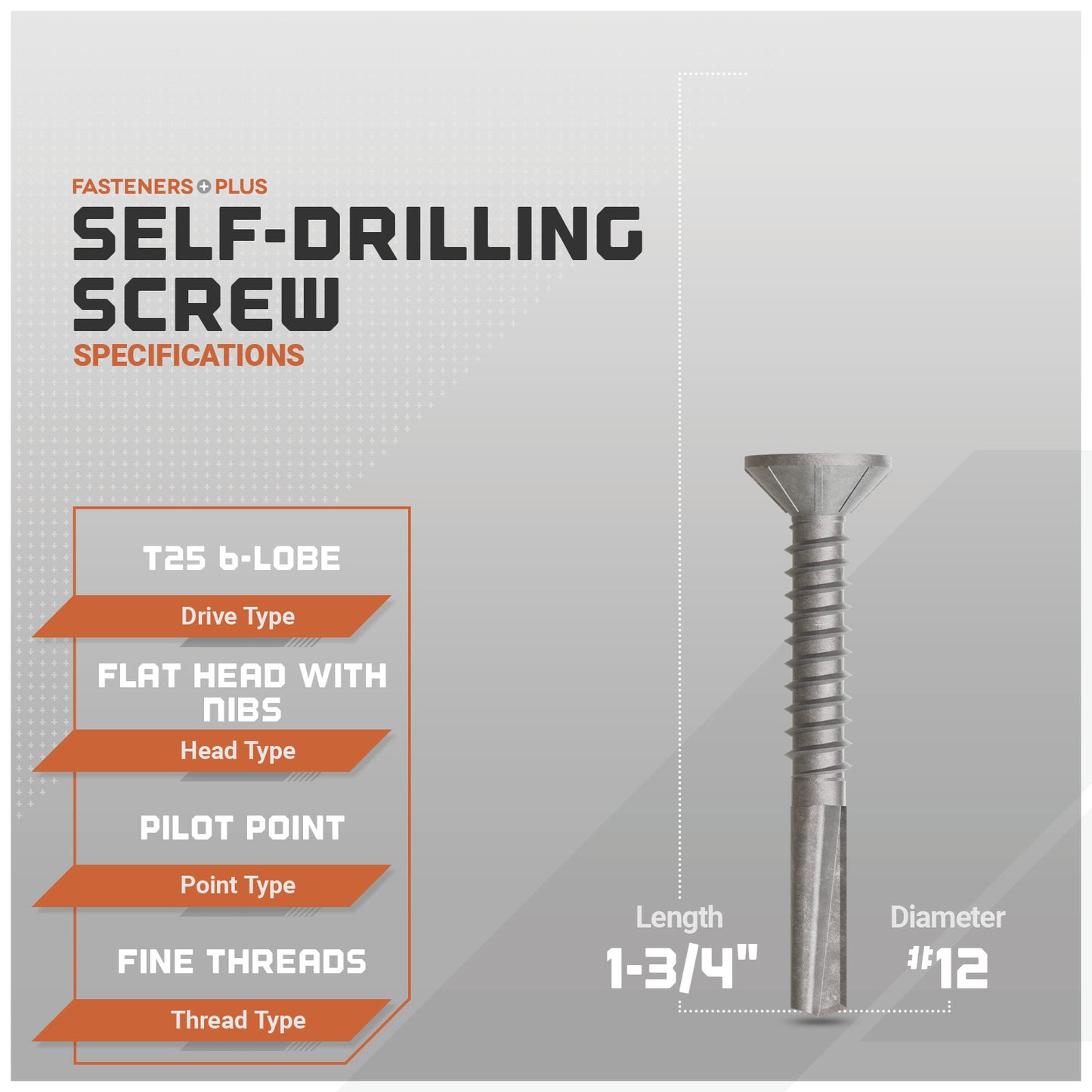 Self-drilling screw with specifications on a gray background