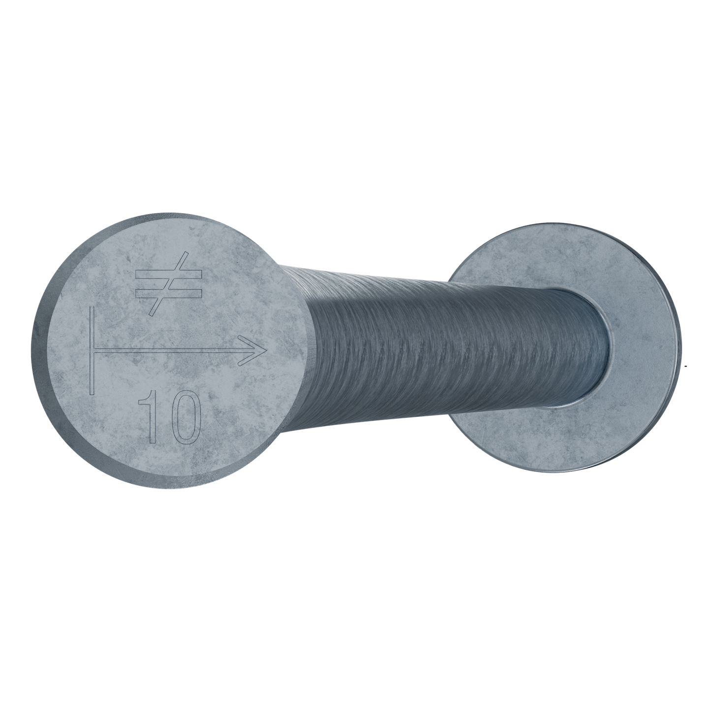 Zoomed in on hot dipped galvanized Simpson Anchor Bolt head showing number 10 stamp