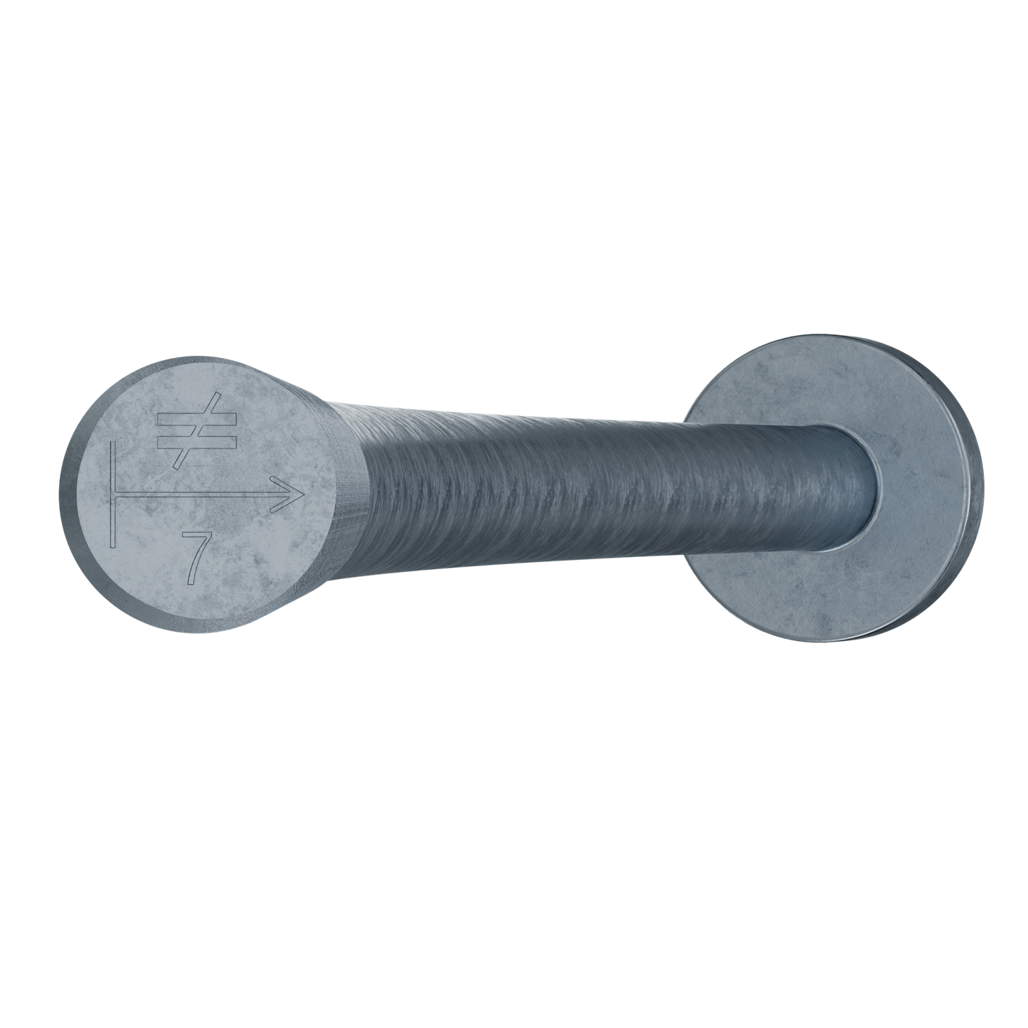 Zoomed in on hot dipped galvanized Simpson Anchor Bolt head showing number 7 stamp