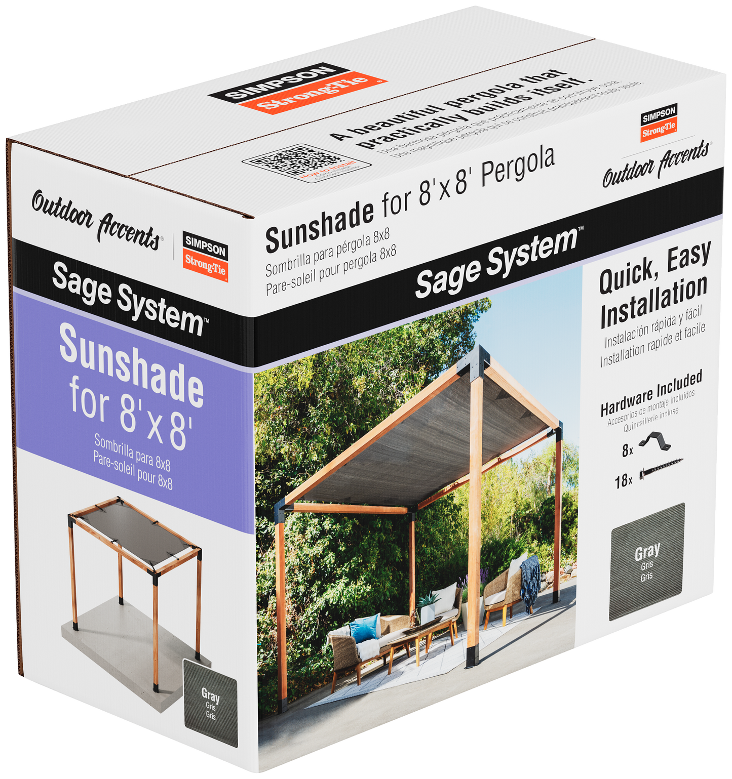 Box of Simpson Sunshade from the Sage DIY Kit Pergola System with outdoor scene on packaging.