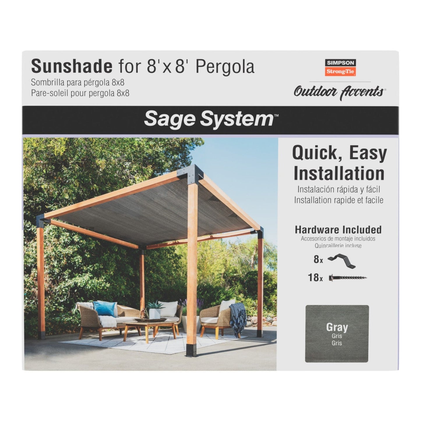Simpson SAGE-SHADE8X8G Sage System 8' x 8' Pergola Sun Shade - Gray