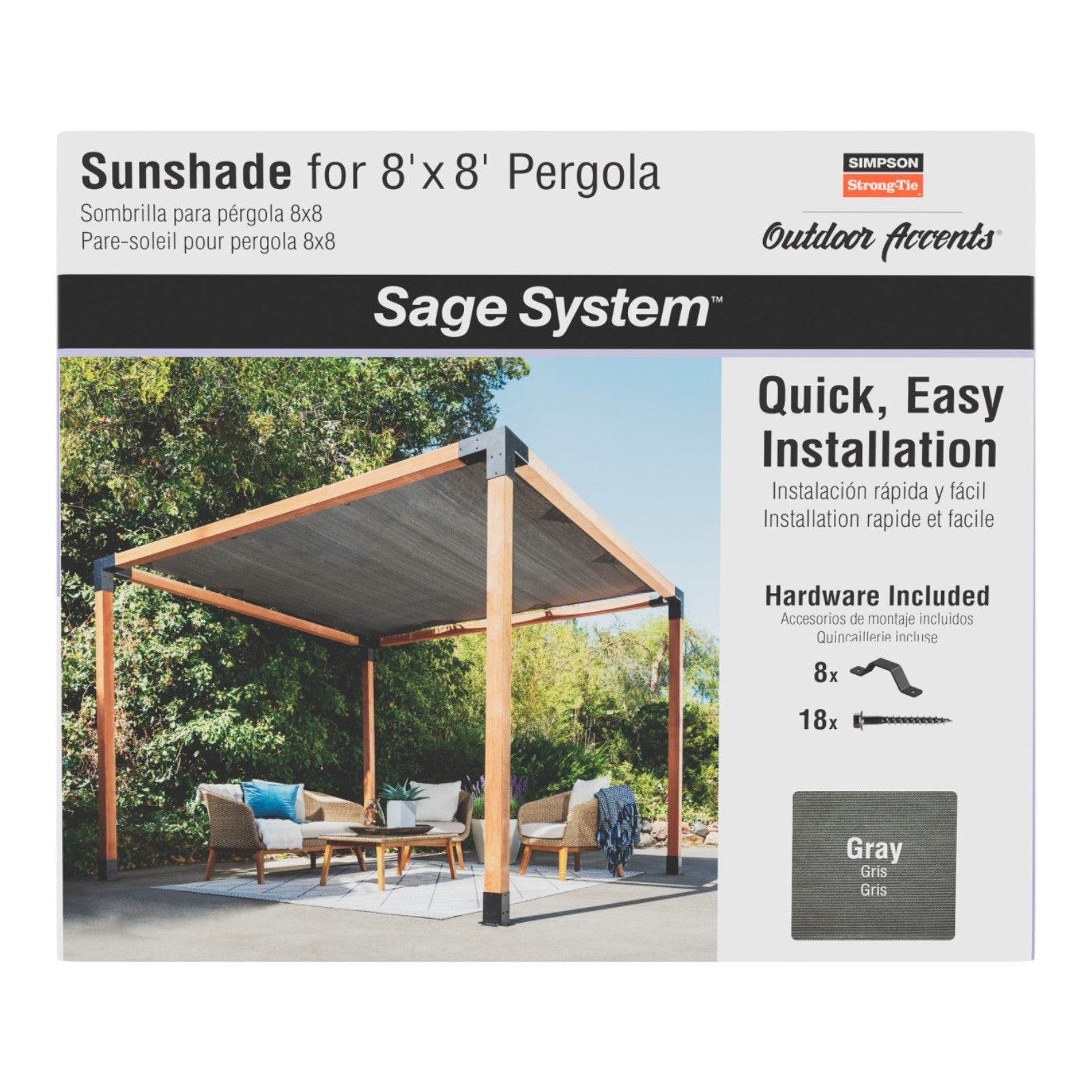 Simpson SAGE-SHADE8X8G Sage System 8' x 8' Pergola Sun Shade - Gray